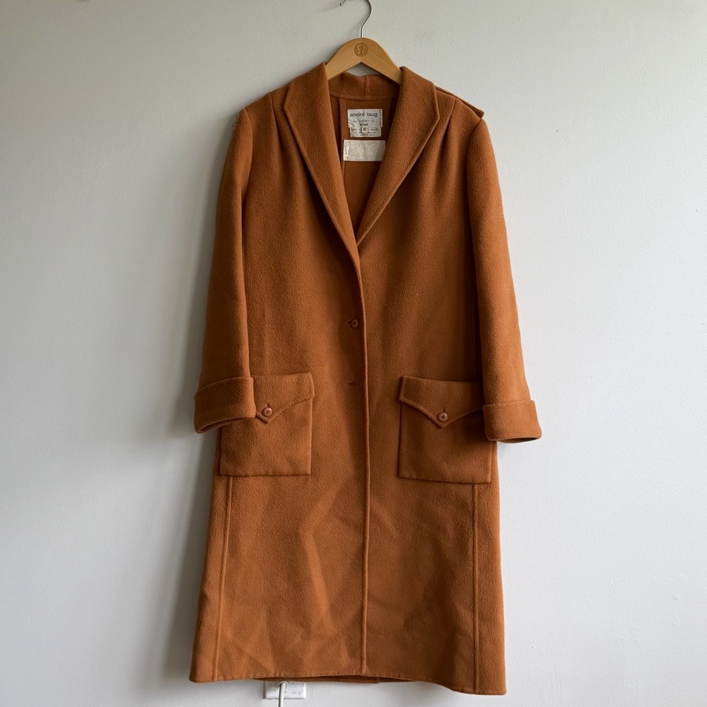 Vintage Italian Brown Wool Longline Coat Wide Lapel Patch Pockets Size 10